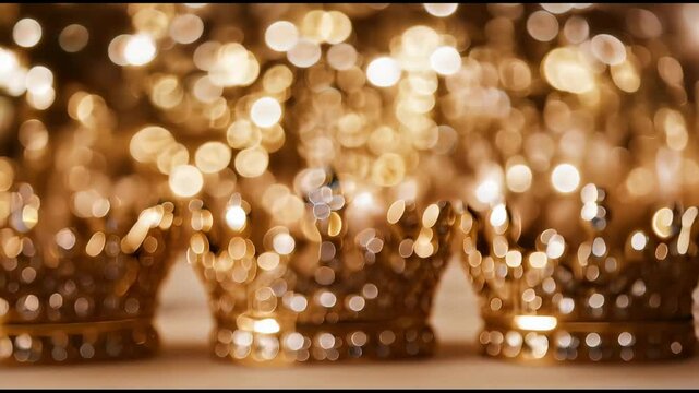 Three Kings' Crowns. Three gold jewelry crowns standing on festive golden bokeh background. The Three Wise Men - Los Tres Reyes Magos celebration, Epiphany day