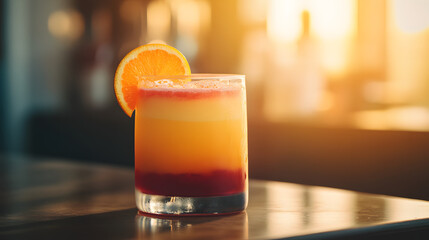 A vibrant tequila sunrise cocktail layered with orange juice and grenadine.