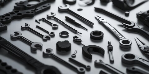 Fototapeta premium A close-up shows various tools scattered on a surface: pliers, wrenches, screwdrivers, clamps, and hex keys. They're black and white.