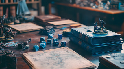 A well-organized tabletop game setup with miniatures dice and detailed rulebooks.