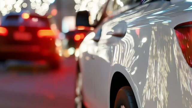 New modern white car is driving at night on a city street