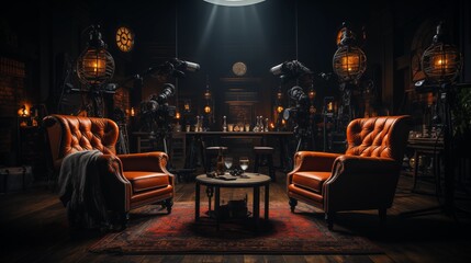cool Studio interior for podcast and interview along two mics chairs setting