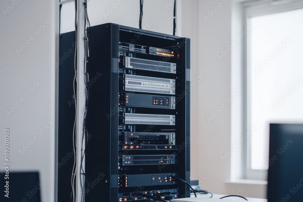 Poster modern data center rack with multiple servers and active network connections