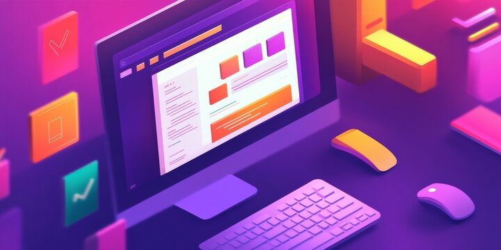 A computer screen shows a website design studio's webpage, surrounded by colorful web design icons.