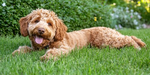 Fototapeta premium A Happy Golden Retriever Mix Dog Laying in the Grass