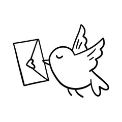 Obraz premium A bird is carrying an envelope. Doodle cute element. Thin line cute vector illustration on white background.