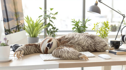 Lazy Employee Worker Slacking in Office at Work, Sleepy Sloth Sleeping or Napping at Job Desk