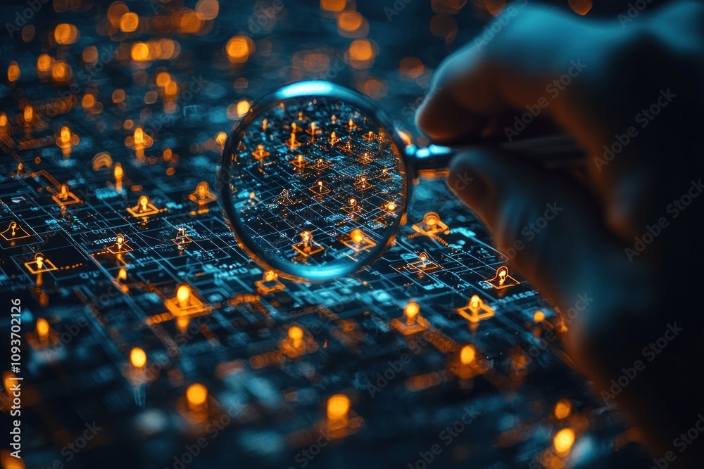 Poster Magnifying Glass Exploring a Circuit Board with Glowing Nodes