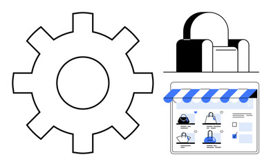 Gears indicating settings, shopping cart representing retail, and a webpage showing online shopping. Ideal for e-commerce, online shopping, retail business, technology, digital strategy, marketing