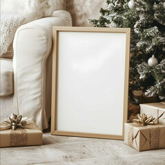 a frame mockup with thin wooden frame on a floor sitting beside a sofa with a christmas tree visible on the side the setting is rustic cottage christmas living room in