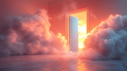 A surreal scene featuring a glowing door amidst clouds in a serene, atmospheric setting.