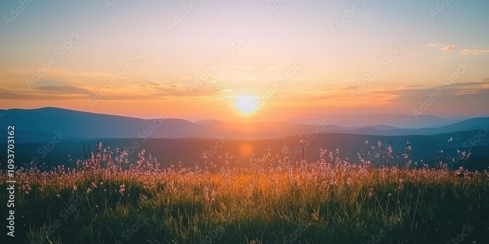 Poster sunset over a field of flowers with mountains in the distance.