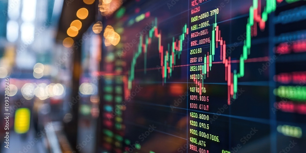 Poster A Close-up of a Stock Market Display with Candlestick Charts and Numerical Data