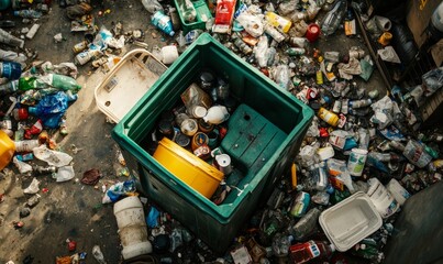 Eco-Friendly Recycling Bin Surrounded by Waste Items