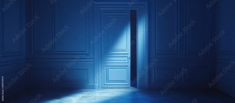 Poster a partially open doorway in a blue room with wainscot