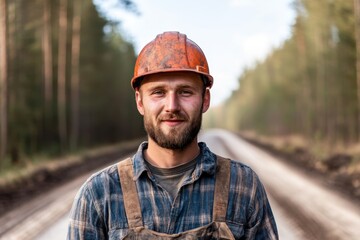 Construction worker smiling on rural road, showcasing dedication to his craft and surroundings