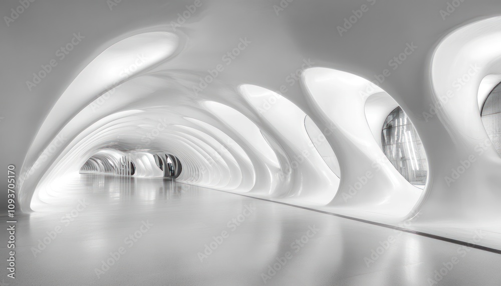 Poster White Curved Corridor with Windows in Modern Architecture