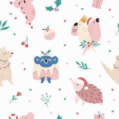Christmas seamless pattern with adorable Australian animals koala, echidna, kangaroo, cockatoo parrots. Holiday surface design for gift box, prints, fabric, wrapping paper © danceyourlife