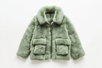 Front view of a green faux fur jacket with zipper closure and pockets, crafted from cruelty-free materials, displayed on a white background, ideal for mockups and retail branding