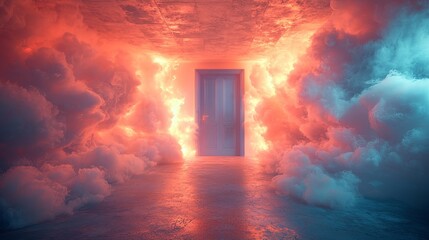 A surreal scene featuring a glowing door surrounded by colorful clouds.