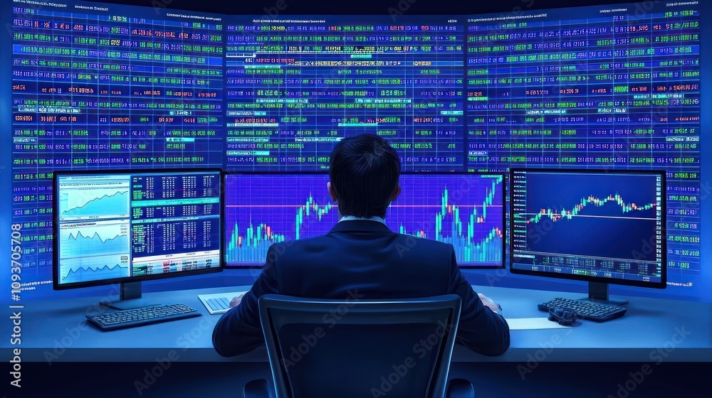 Aufkleber A Man Working in a Dark Room with Multiple Monitors Showing Stock Market Data