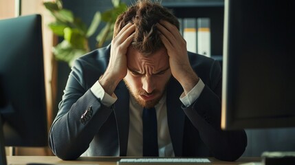 frustrated man smart suit sits his desk sleek office holding his head distress as he faces demands his work computer screen