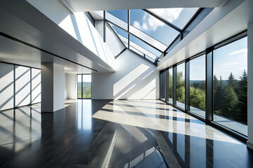 Obraz premium Modern interior with large windows and high ceilings, showcasing natural light and sleek finishes, surrounded by greenery.