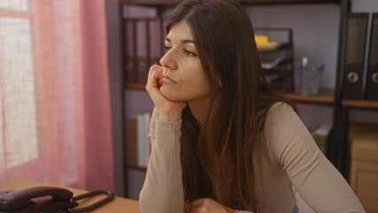 Young brunette hispanic woman in an office room, appearing thoughtful and contemplative while seated at a desk in a home workplace.