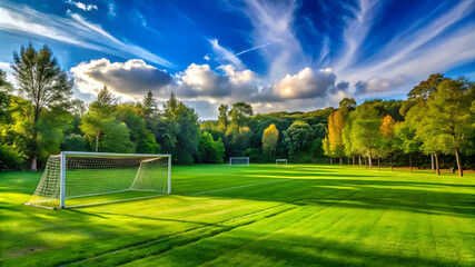 Naklejka premium A vibrant soccer field surrounded by lush greenery under a bright blue sky with dynamic clouds, perfect for outdoor sports activities.