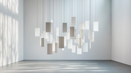 Hanging modern geometric light fixtures in minimalist room with soft natural sunlight and shadows creating a calm and elegant atmosphere