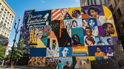 an inspiring mural adorned with the words Diversity Equity Inclusion painted boldly amidst a mosaic of diverse faces and cultural icons, Positioned prominently in a bustling urban square