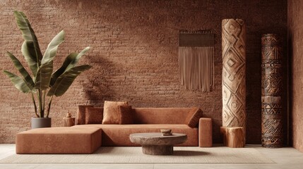 Modern-Tribal Loft Interior Design with Exposed Brick Walls and Cozy Ambiance