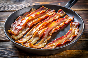 Crispy bacon strips sizzling in a black frying pan on a rustic wooden surface.