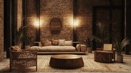 Cozy Modern-Tribal Loft Interior with Exposed Brick Walls and Stylish Decor | Ultra-Detailed 3D Render Illustration