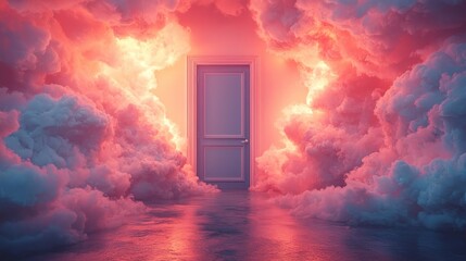 A surreal scene featuring a glowing door surrounded by vibrant clouds and reflections.
