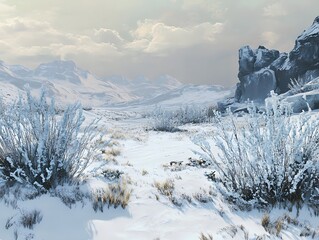 A barren but impressive snowy landscape with icy plants