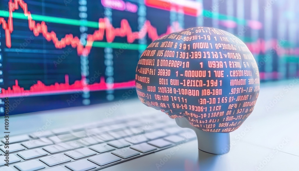 Poster A 3D model of a human brain with data on its surface, in front of a blurred computer screen with a stock chart