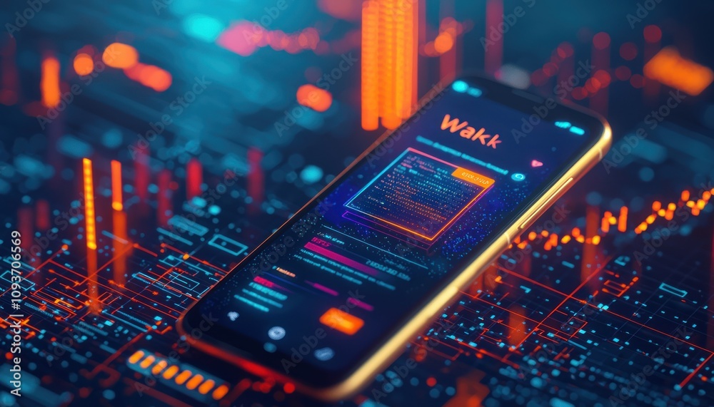 Poster Smartphone Displaying a Wakk App Interface with a Fingerprint Sensor and Code on a Futuristic Digital Background