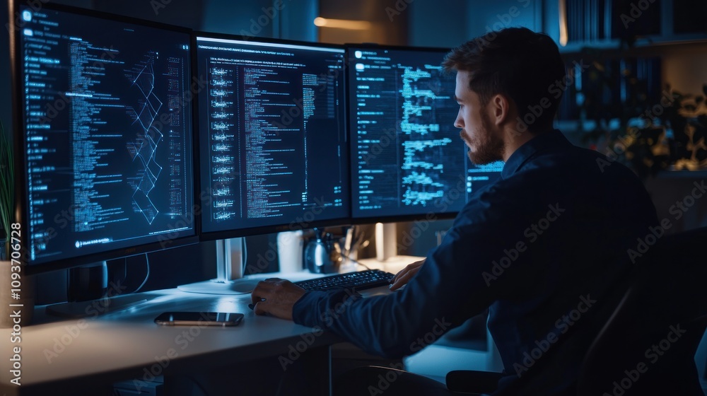Aufkleber Man Working Late at Night with Multiple Computer Monitors Displaying Code