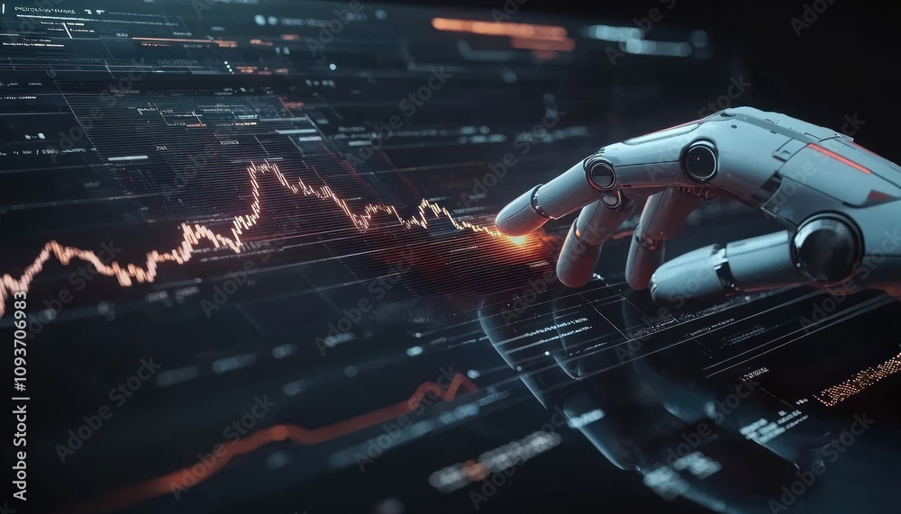 Aufkleber robotic hand interacting with stock market data on a digital screen