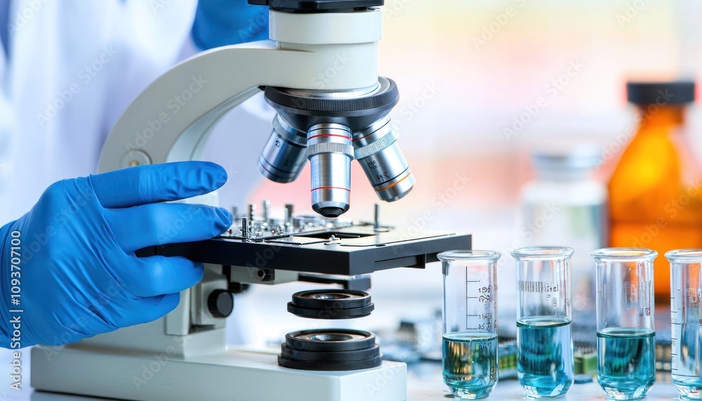 Poster Close-up of a Scientist's Hand Examining a Sample Under a Microscope in a Laboratory