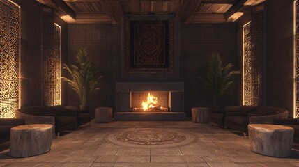 Naklejka premium Cozy Modern-Tribal Fireplace Setting in 3D Render Illustration for Intimate Gatherings