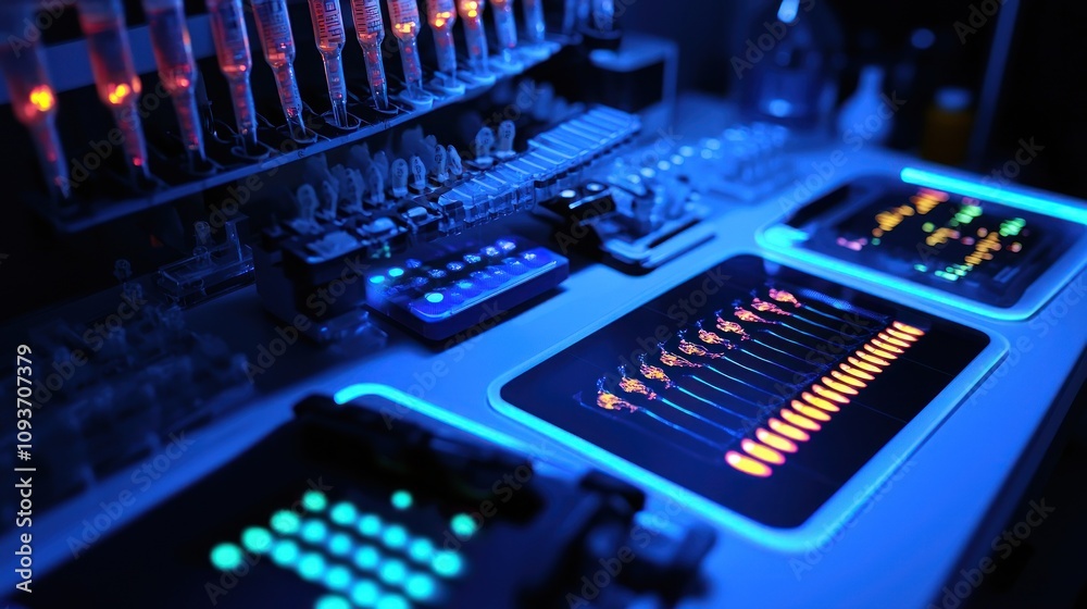 Poster close-up of a laboratory workstation with glowing samples and screens