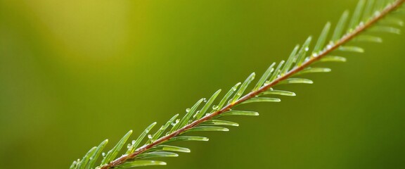 Close-up of a green pine needle covered in dew glistening in the early morning light