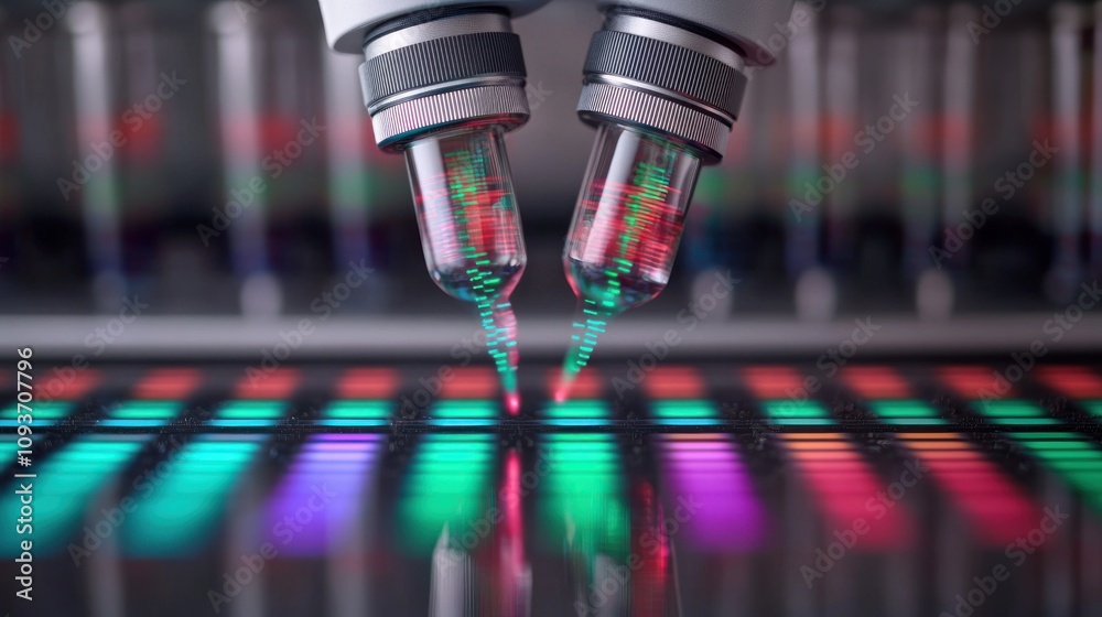 Poster Close-up of a Microscope with a Fluorescent Sample