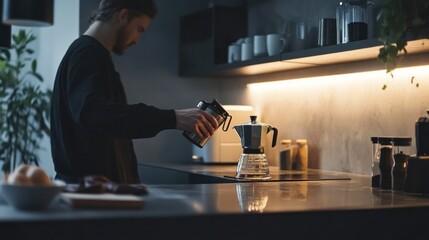 Man Making Coffee in Modern Kitchen at Night
