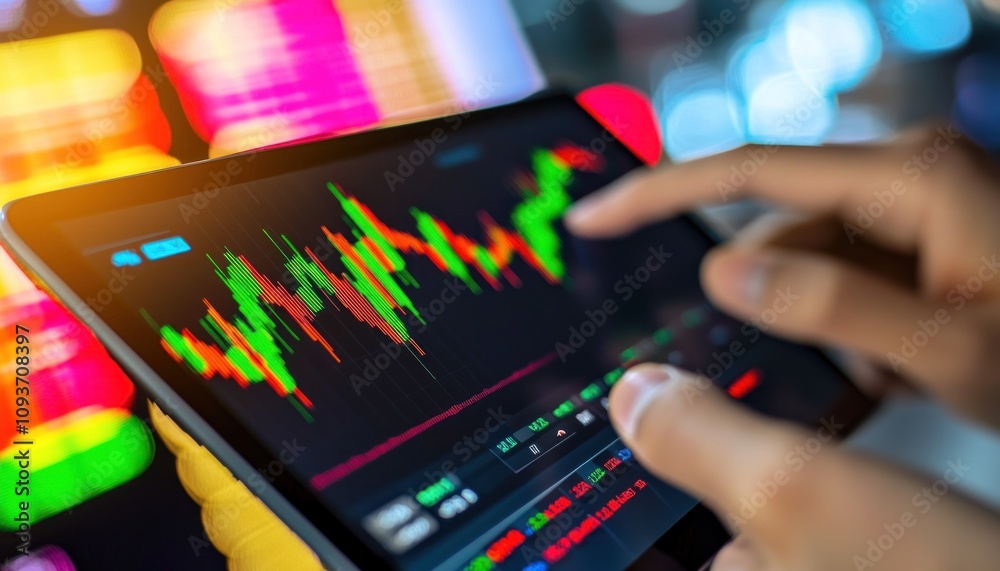 Poster Closeup of a Hand Interacting with a Tablet Displaying Stock Market Data