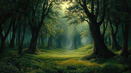 Naklejka premium Enchanted Forest Path: A Serene Escape into Nature's Embrace