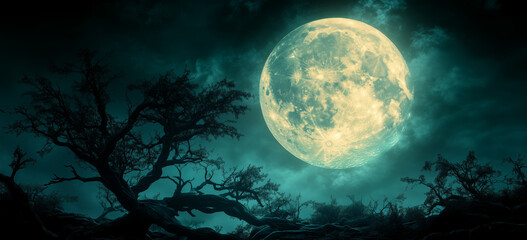 Fototapeta premium Mystical full moon illuminating eerie dark forest with majestic clouds