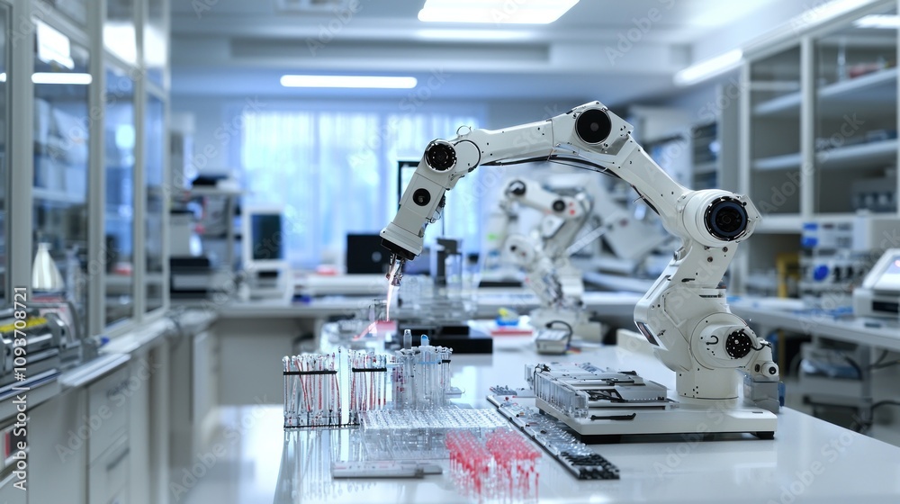 Aufkleber Robotic Arm Manipulating Test Tubes in a Laboratory Setting